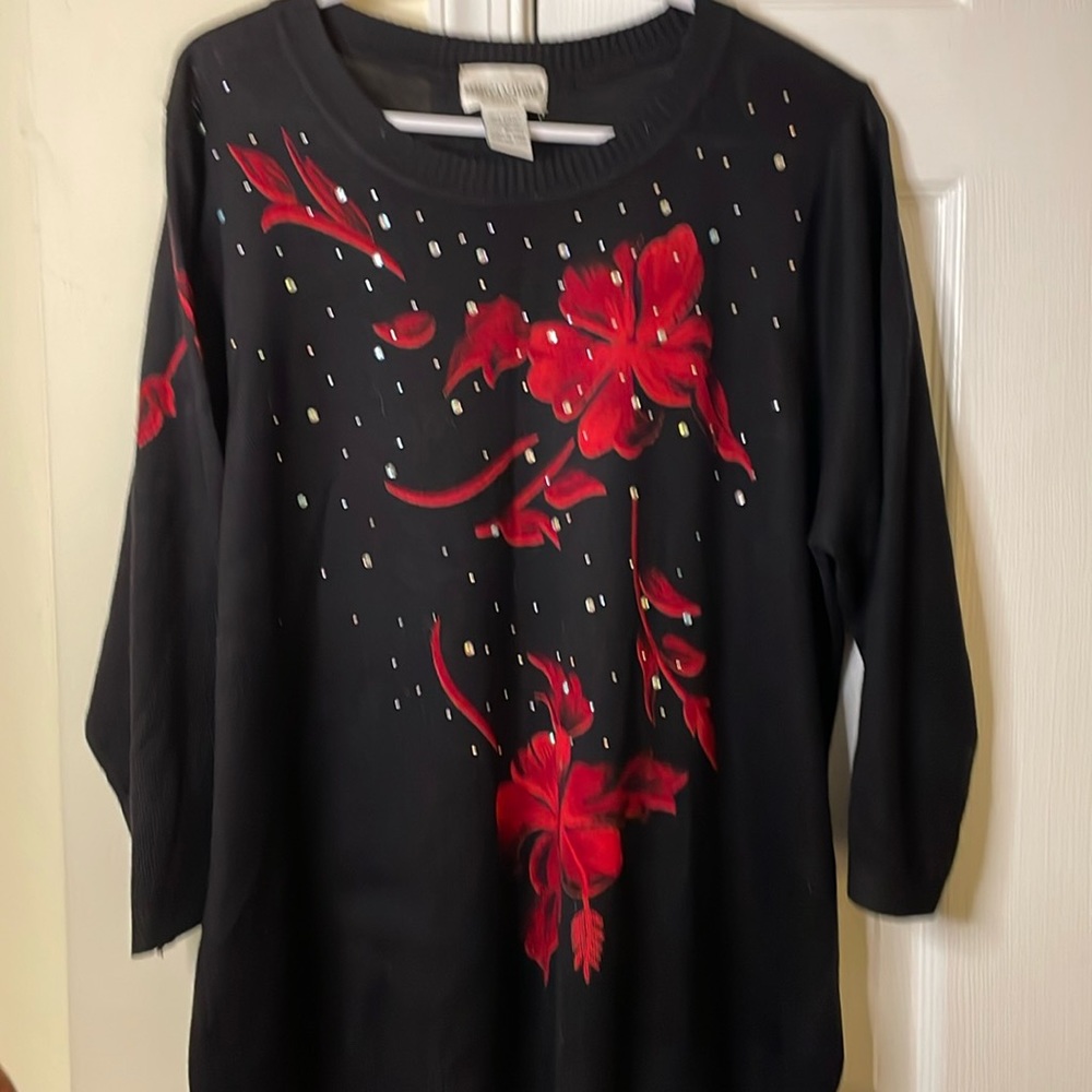 Rebecca Malone Black & Red Roses Sparkle Acrylic 3/4 Sleeves Sweater 1X